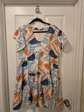 THML Cream Mini Dress with Orange and Blue Leaf Print